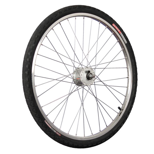 26inch bike front wheel with hub dynamo, tyre and tube silver